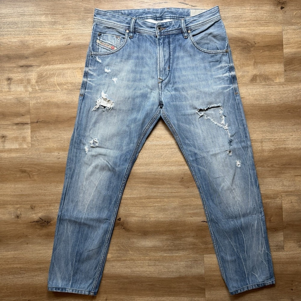 Diesel Krayver Jeans Men 29x26 Blue Slim Carrot Stretch Destroyed Denim (Hemmed)